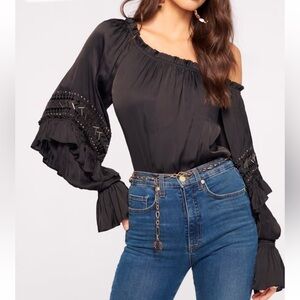 Ramy Brook Navy Blue Off-Shoulder Long Sleeve Top NWT